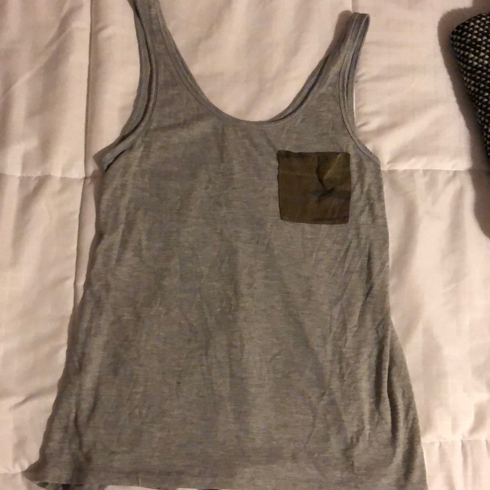Grey tank top with camo pocket on chest